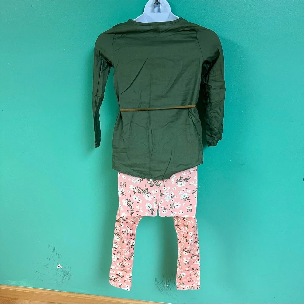 Carters Olive Green & Pink Floral Button Down Top & Leggings Set Girls Size 6X